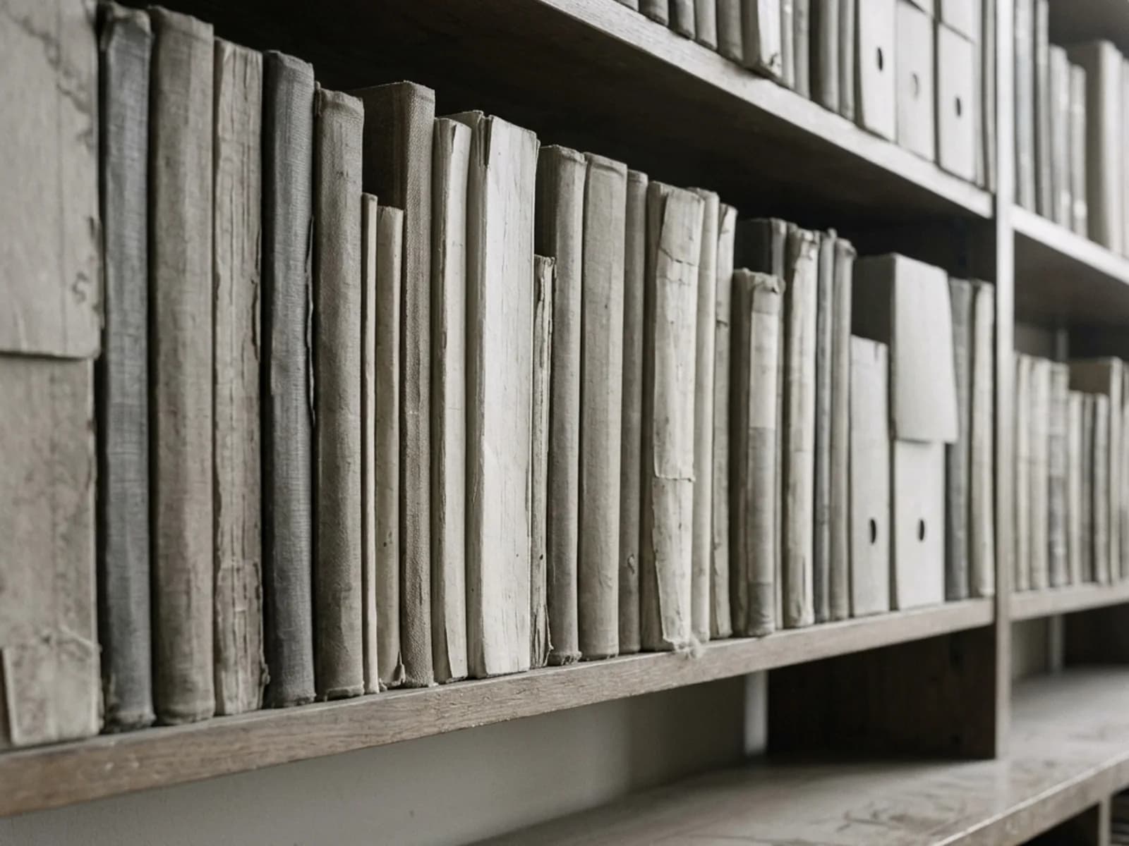 Rows of worn linen-bound ledgers and archive boxes filling a wooden shelf.