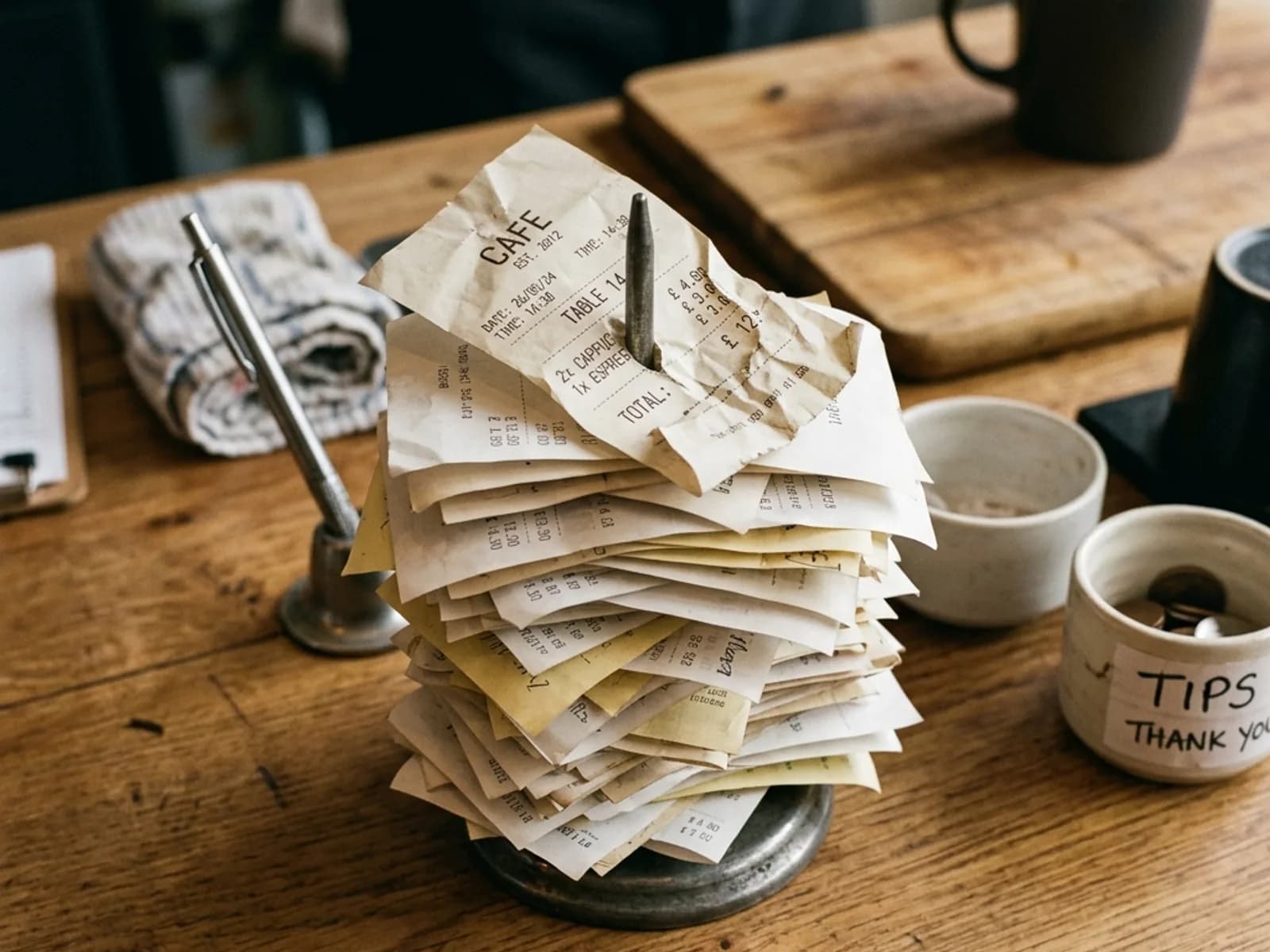 A metal receipt spike loaded with paper receipts on a counter.